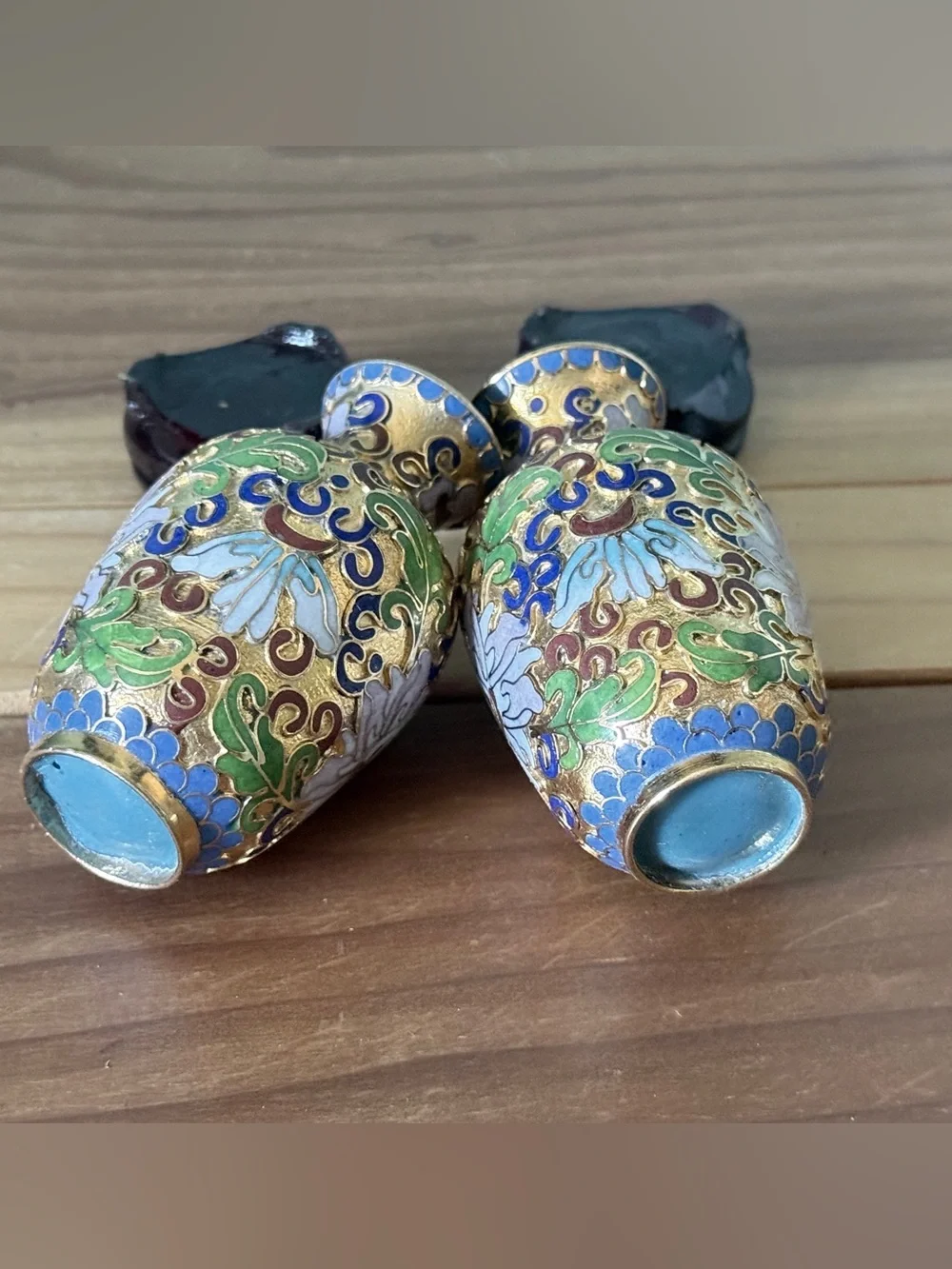 Vintage Chinese Cloisonne Lotus Vases 3” Pair w/ Wood Stands & Original Box